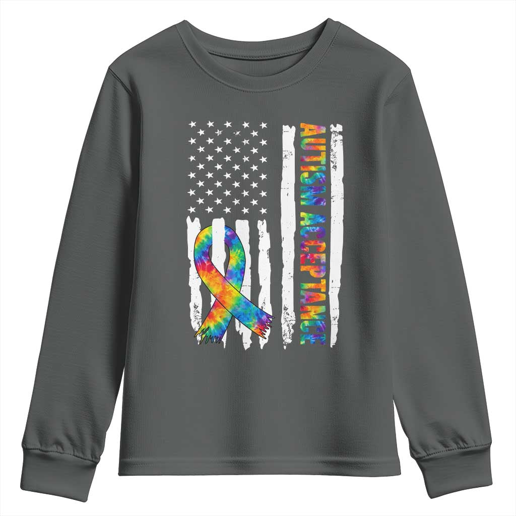 Autism Acceptance Youth Sweatshirt US Flag Ribbon Support Neurodiversity