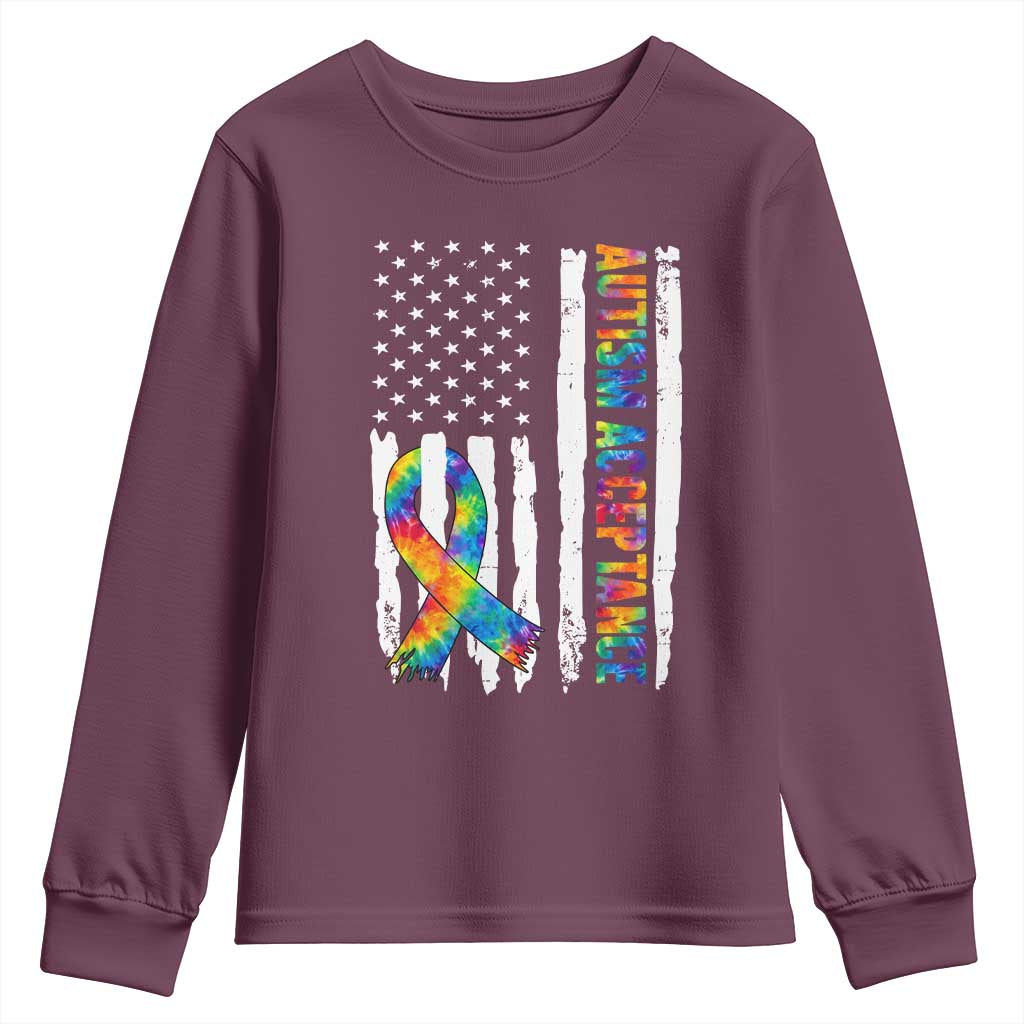 Autism Acceptance Youth Sweatshirt US Flag Ribbon Support Neurodiversity