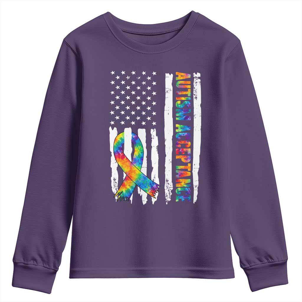 Autism Acceptance Youth Sweatshirt US Flag Ribbon Support Neurodiversity