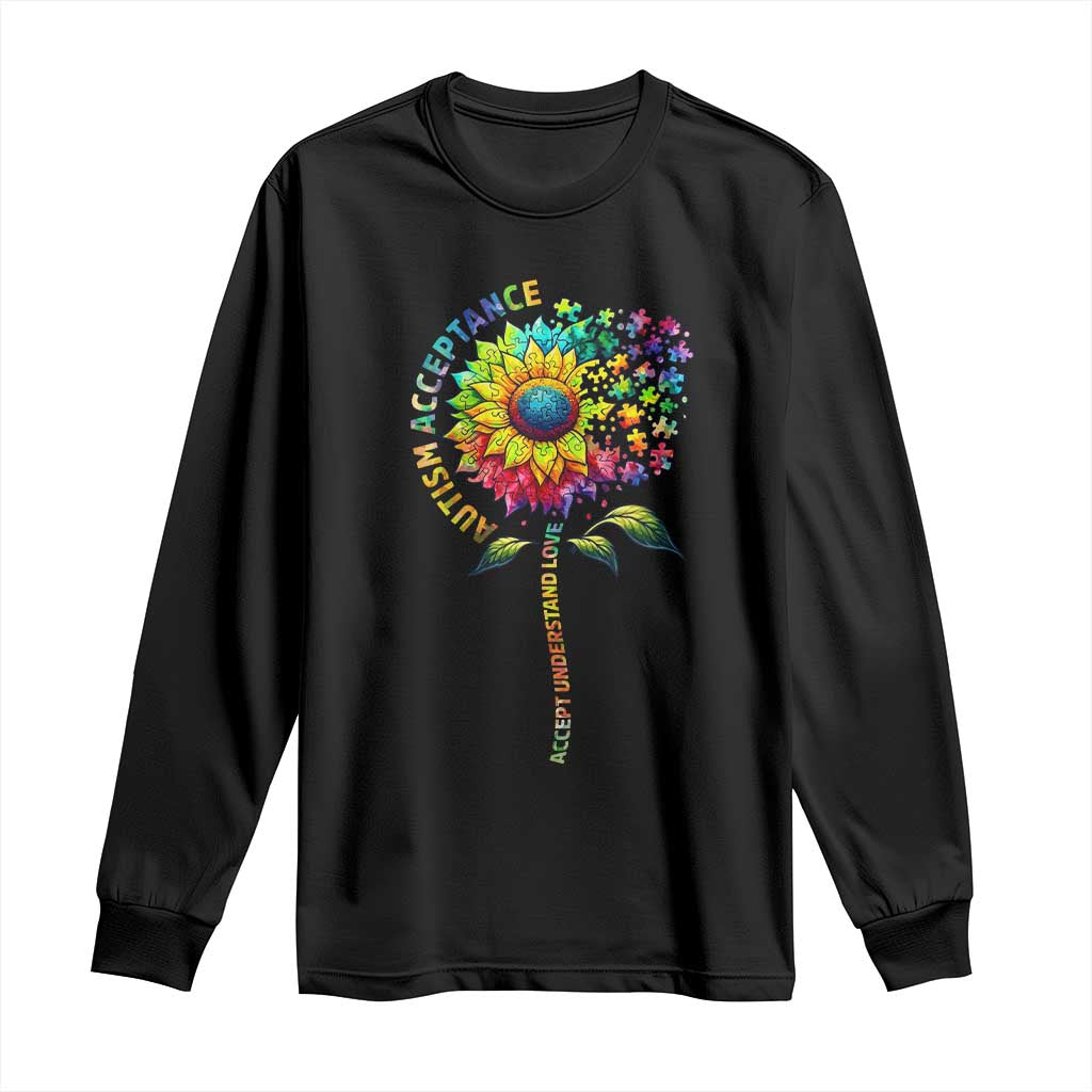 Autism Acceptance Long Sleeve Shirt Accept Understand Love Sunflower Puzzle