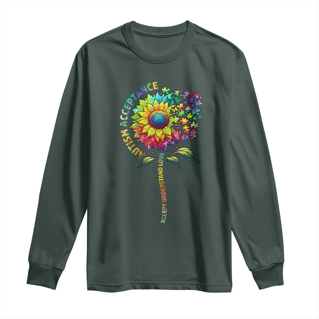 Autism Acceptance Long Sleeve Shirt Accept Understand Love Sunflower Puzzle