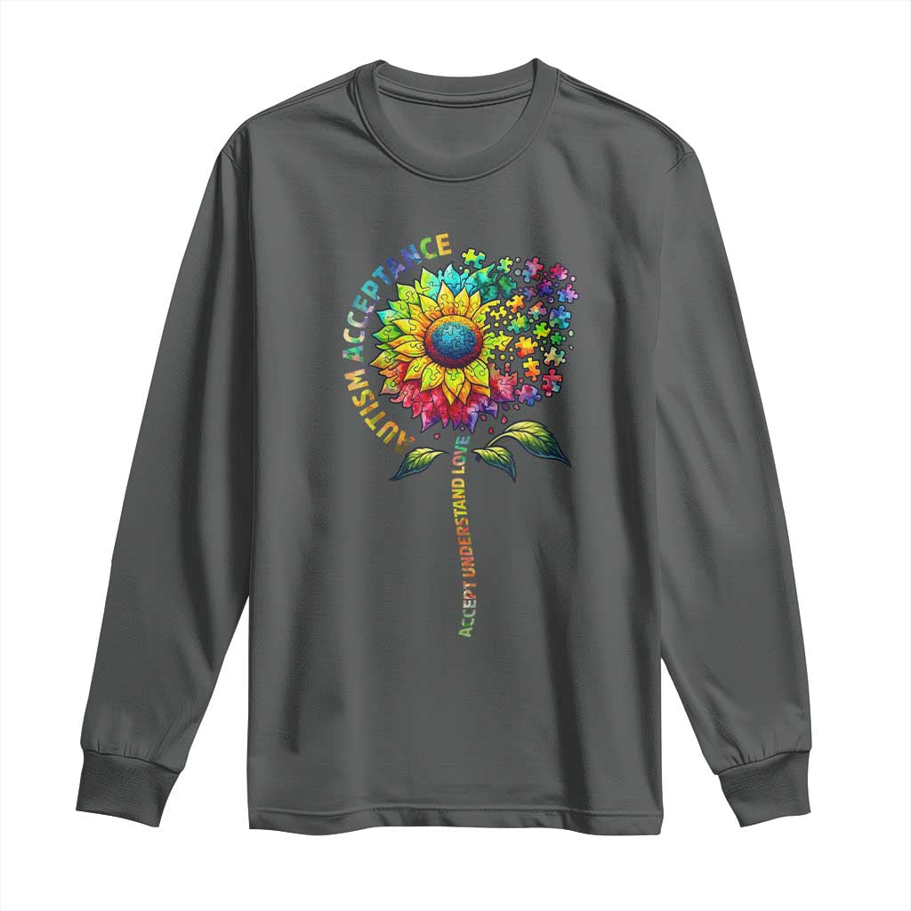 Autism Acceptance Long Sleeve Shirt Accept Understand Love Sunflower Puzzle
