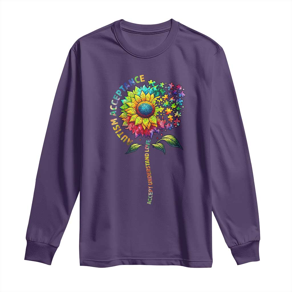 Autism Acceptance Long Sleeve Shirt Accept Understand Love Sunflower Puzzle