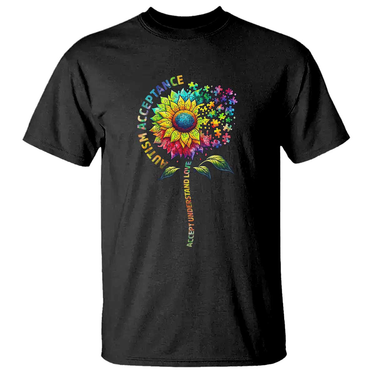 Autism Acceptance T Shirt Accept Understand Love Sunflower Puzzle