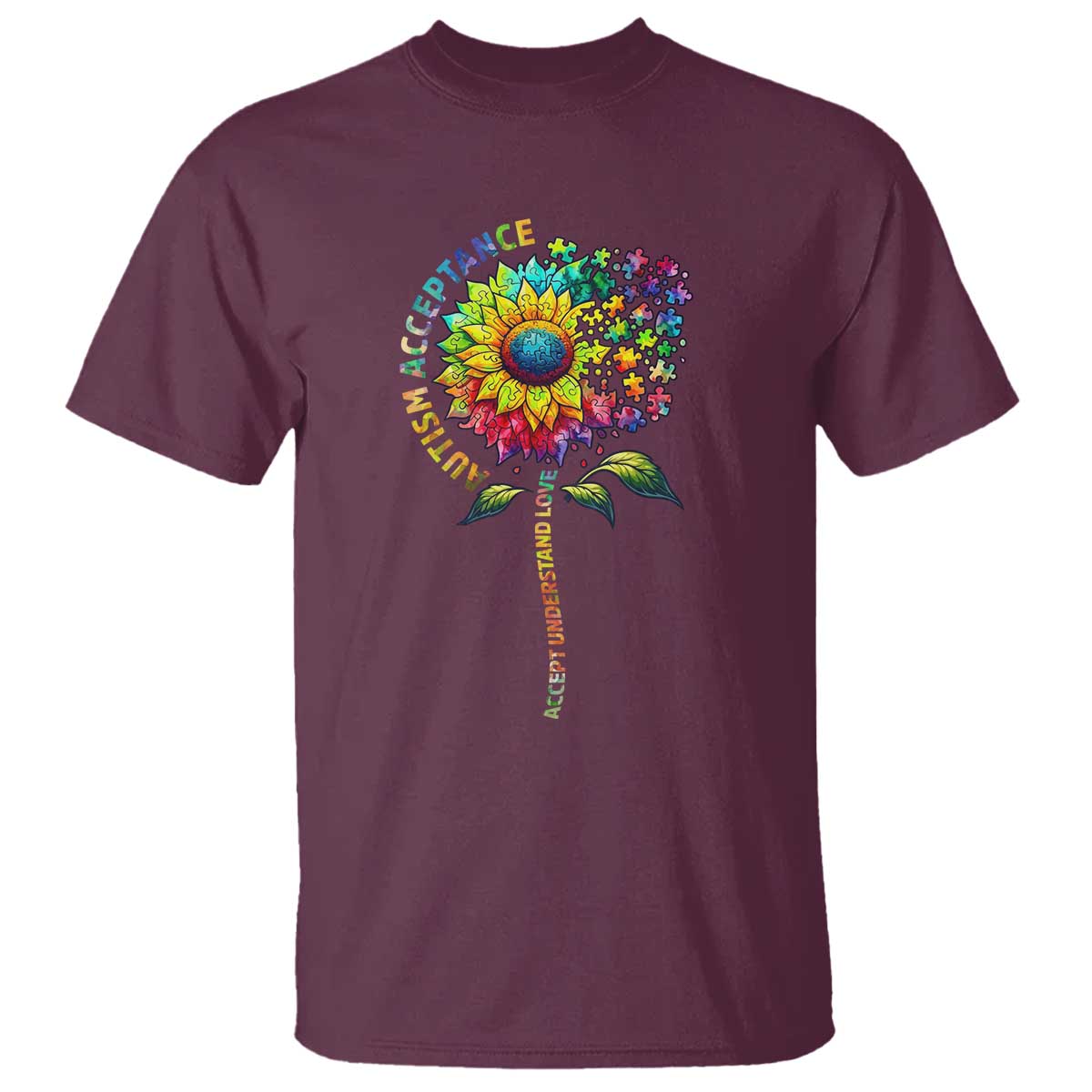 Autism Acceptance T Shirt Accept Understand Love Sunflower Puzzle