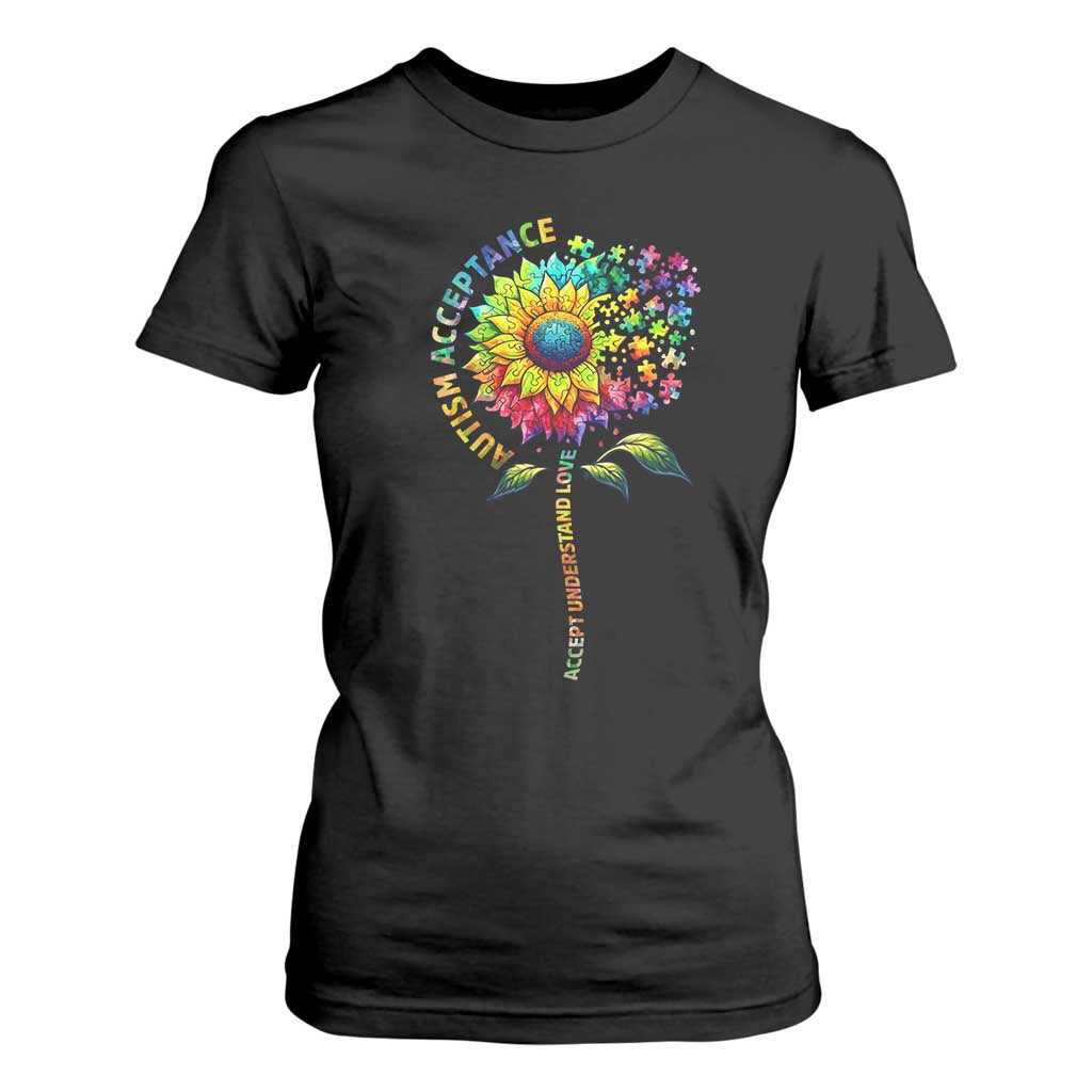 Autism Acceptance T Shirt For Women Accept Understand Love Sunflower Puzzle