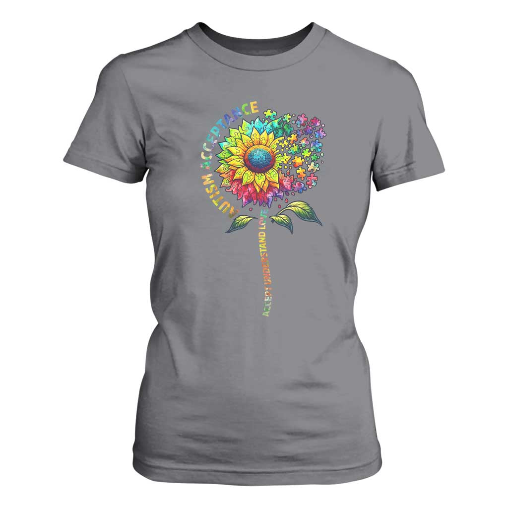 Autism Acceptance T Shirt For Women Accept Understand Love Sunflower Puzzle