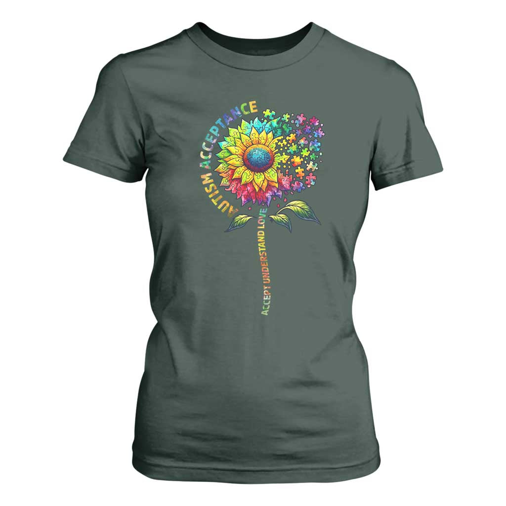 Autism Acceptance T Shirt For Women Accept Understand Love Sunflower Puzzle