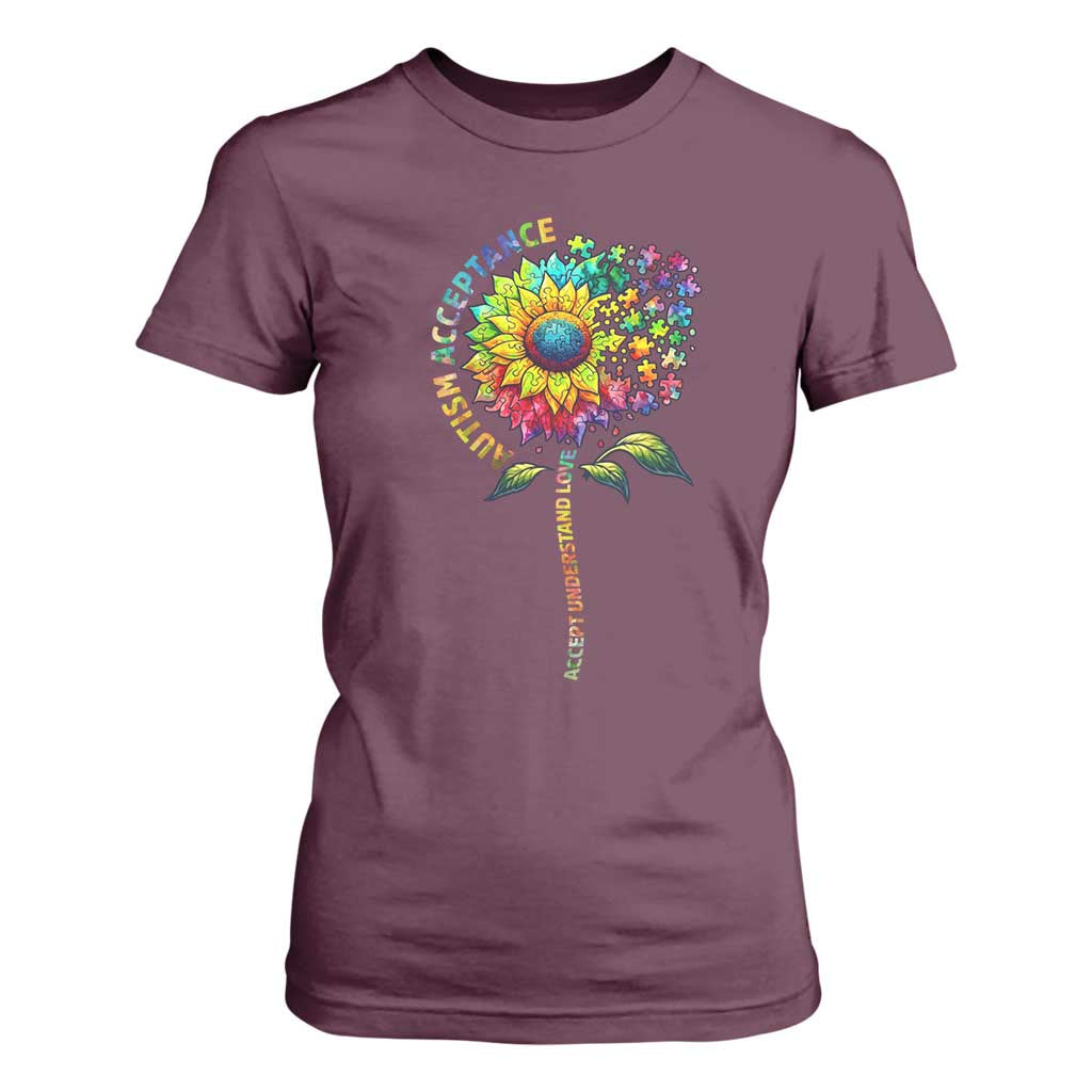 Autism Acceptance T Shirt For Women Accept Understand Love Sunflower Puzzle