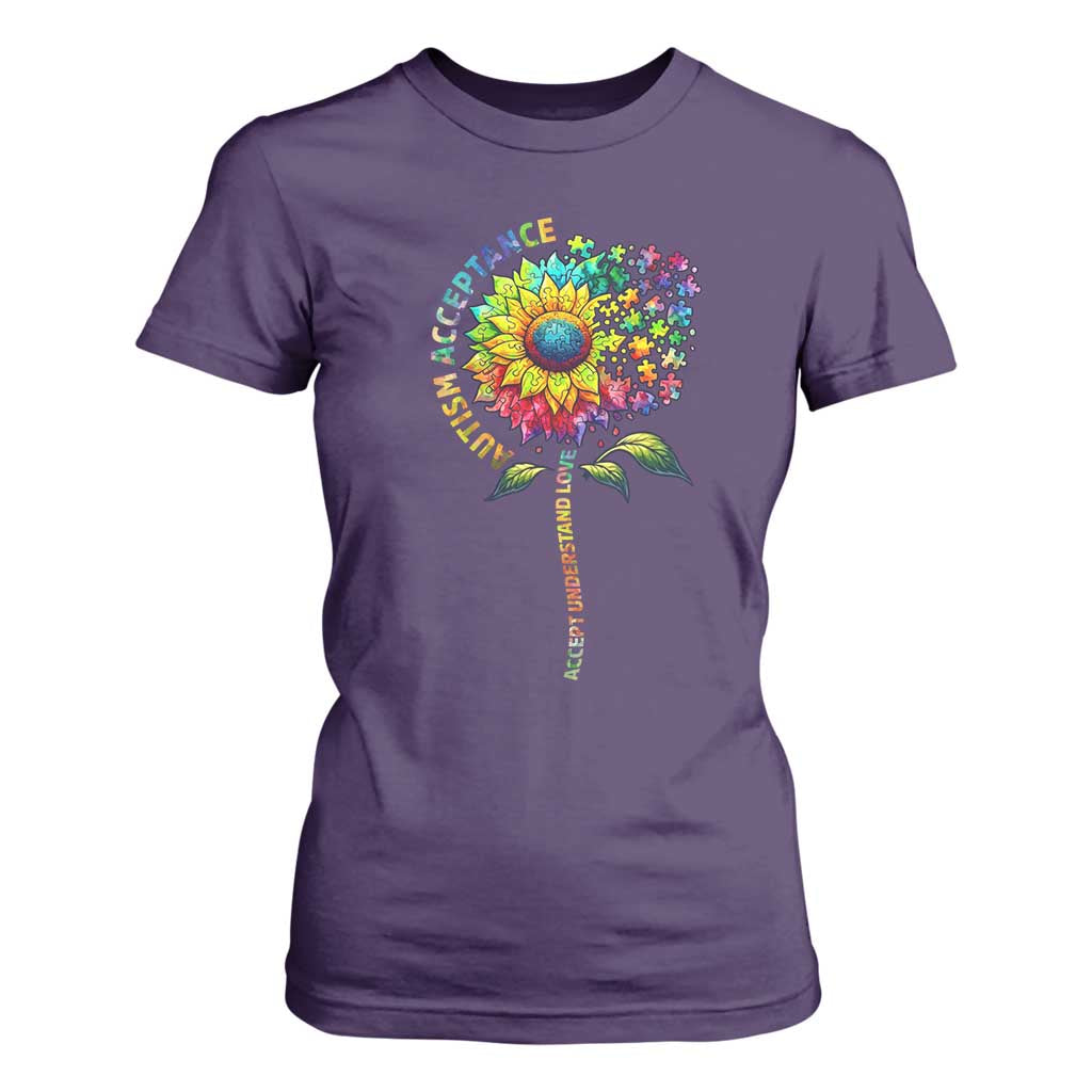 Autism Acceptance T Shirt For Women Accept Understand Love Sunflower Puzzle