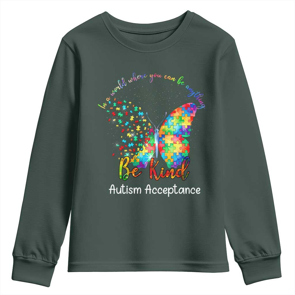 Autism Acceptance Youth Sweatshirt In A World Where You Can Be Anything Be Kind Butterfly Puzzle