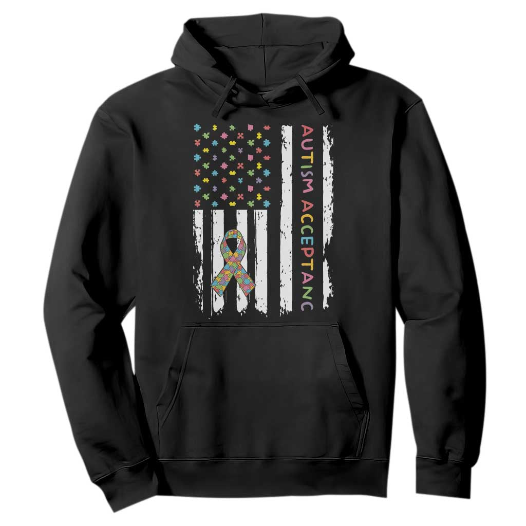 Autism Acceptance Hoodie American Flag Neurodivergent Support Ribbon Puzzle