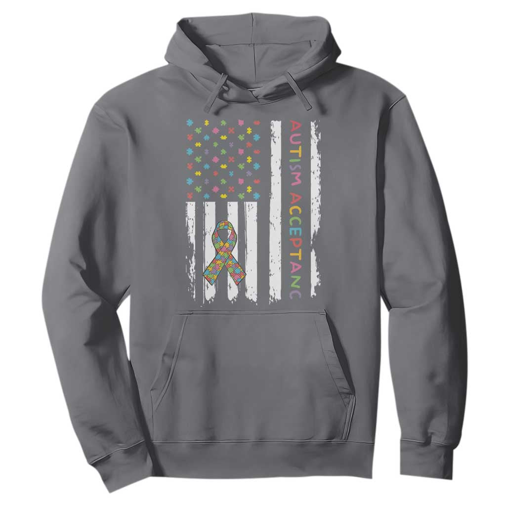 Autism Acceptance Hoodie American Flag Neurodivergent Support Ribbon Puzzle