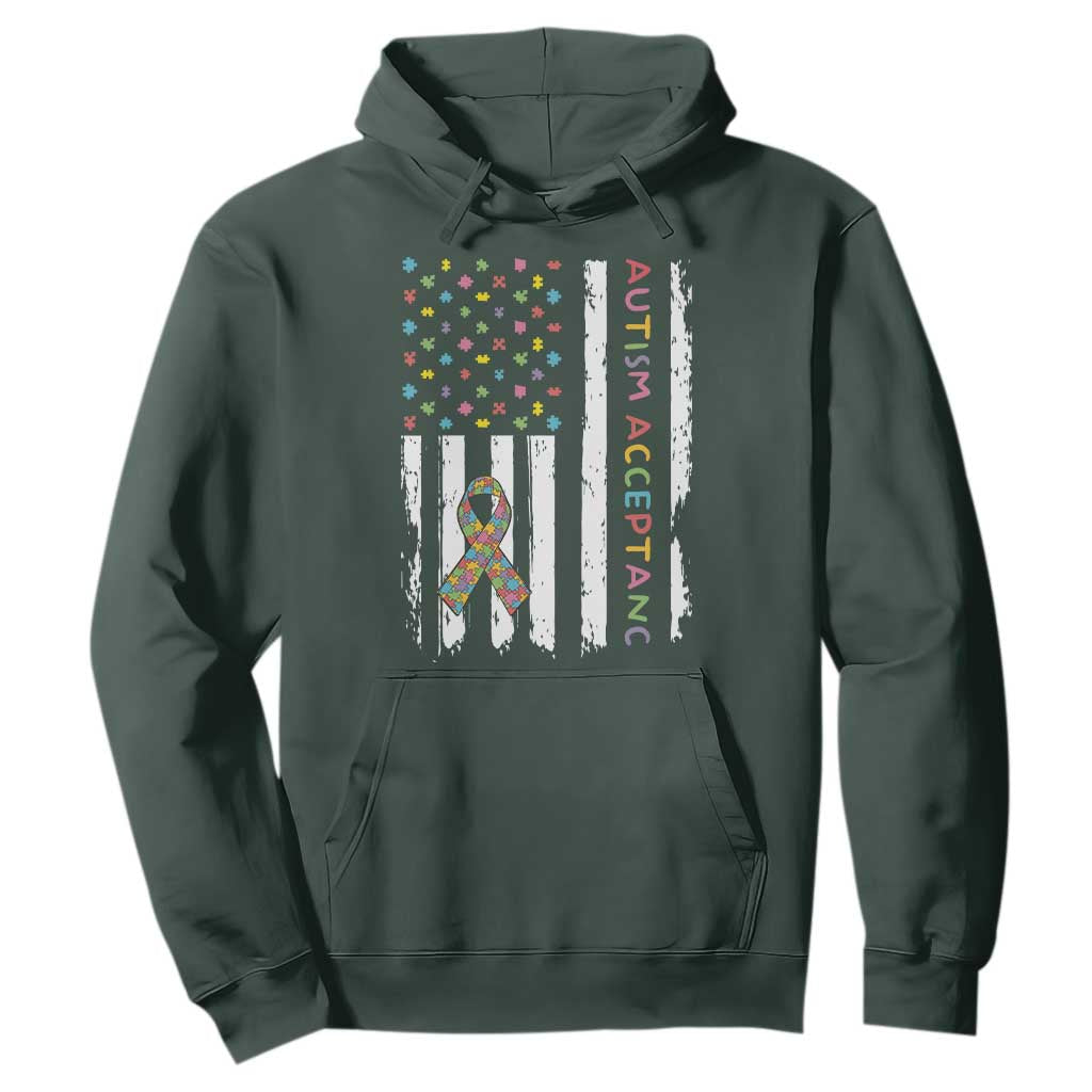 Autism Acceptance Hoodie American Flag Neurodivergent Support Ribbon Puzzle