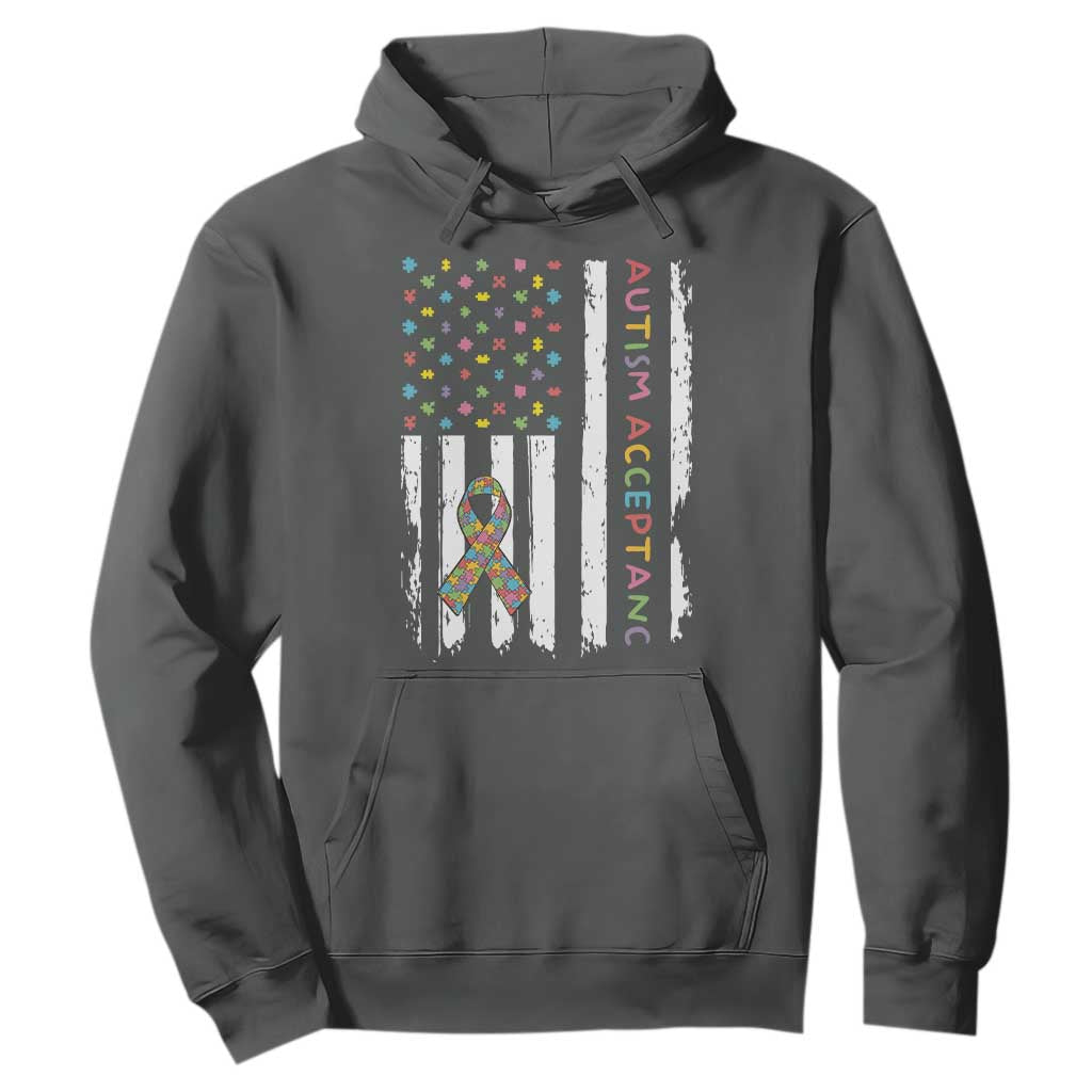 Autism Acceptance Hoodie American Flag Neurodivergent Support Ribbon Puzzle