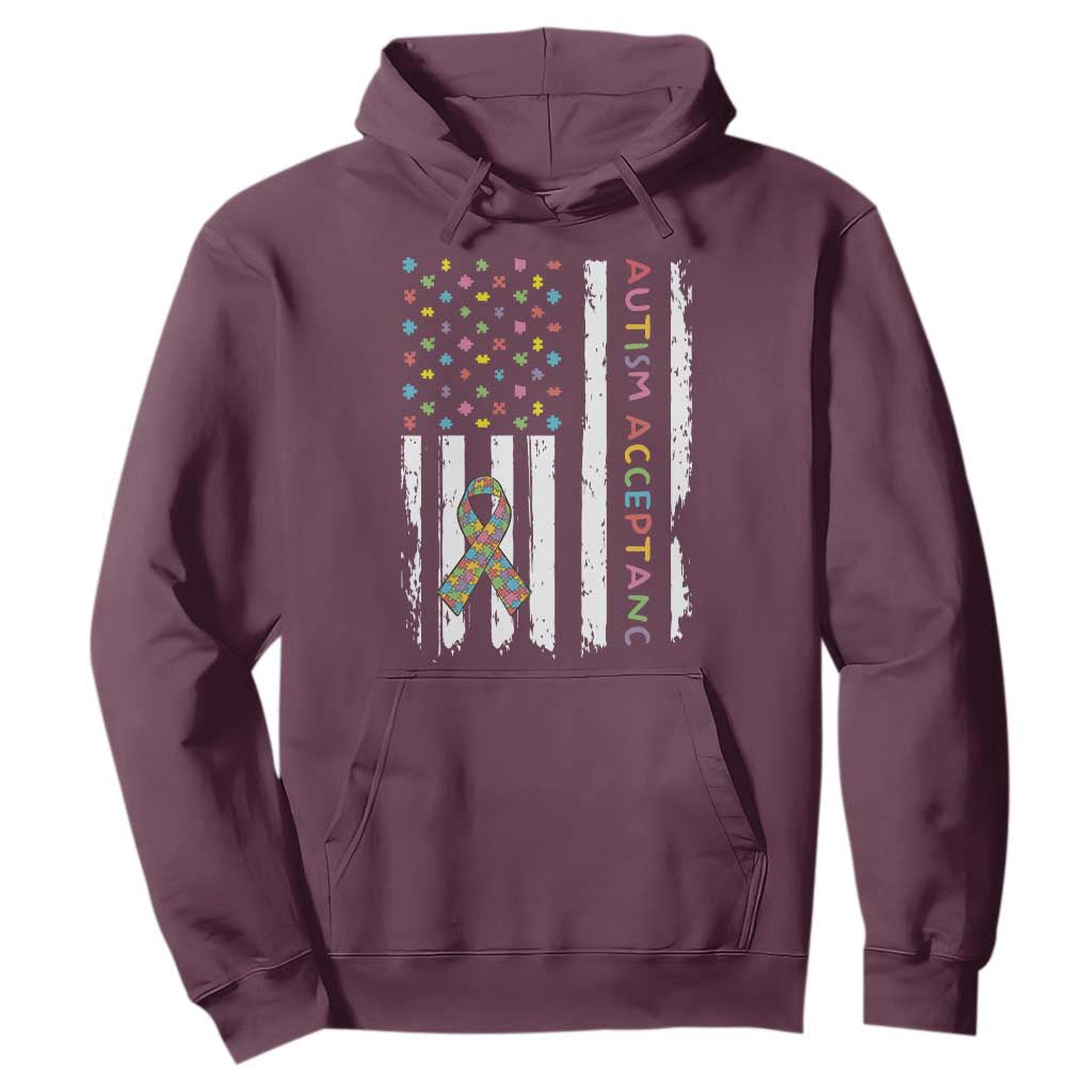 Autism Acceptance Hoodie American Flag Neurodivergent Support Ribbon Puzzle