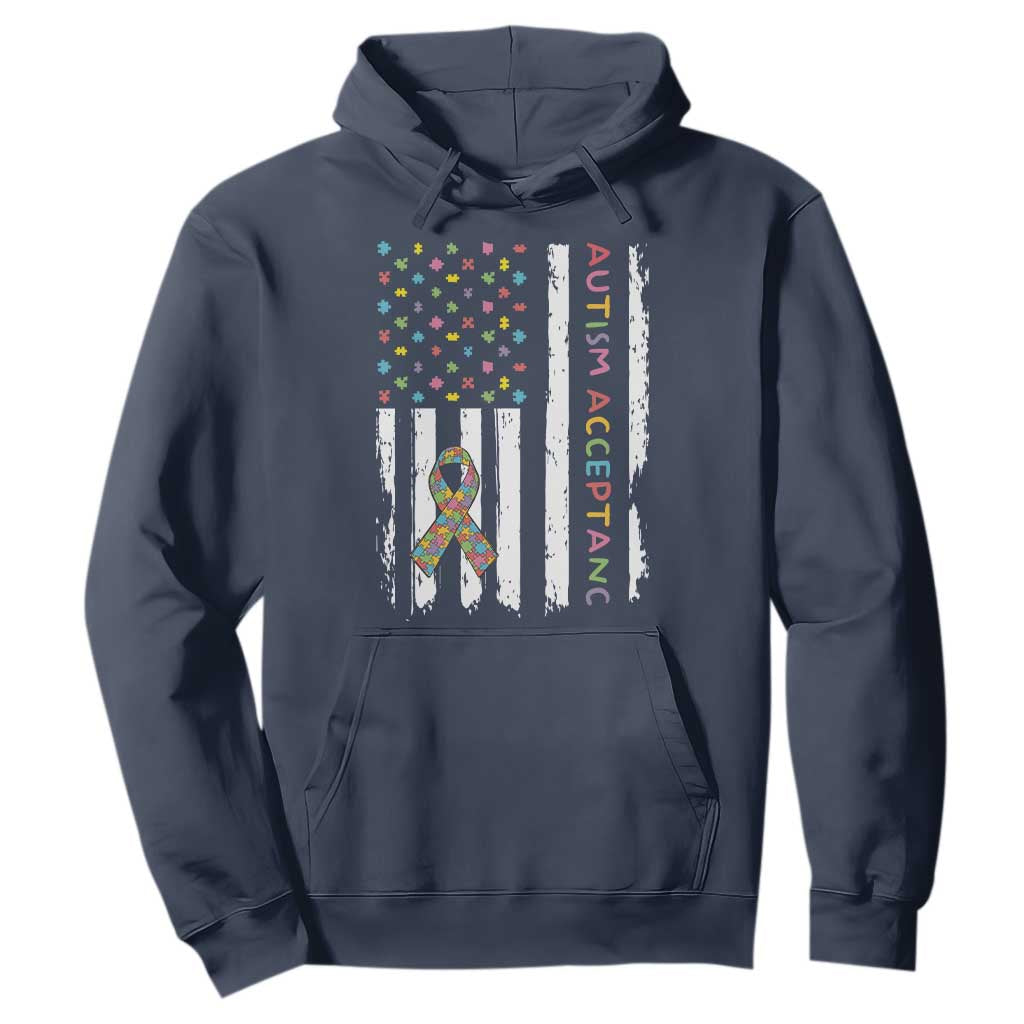 Autism Acceptance Hoodie American Flag Neurodivergent Support Ribbon Puzzle