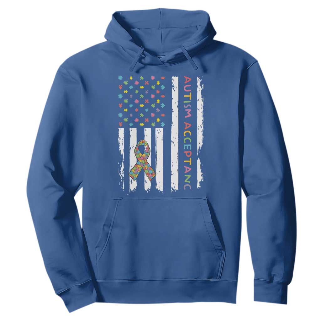 Autism Acceptance Hoodie American Flag Neurodivergent Support Ribbon Puzzle