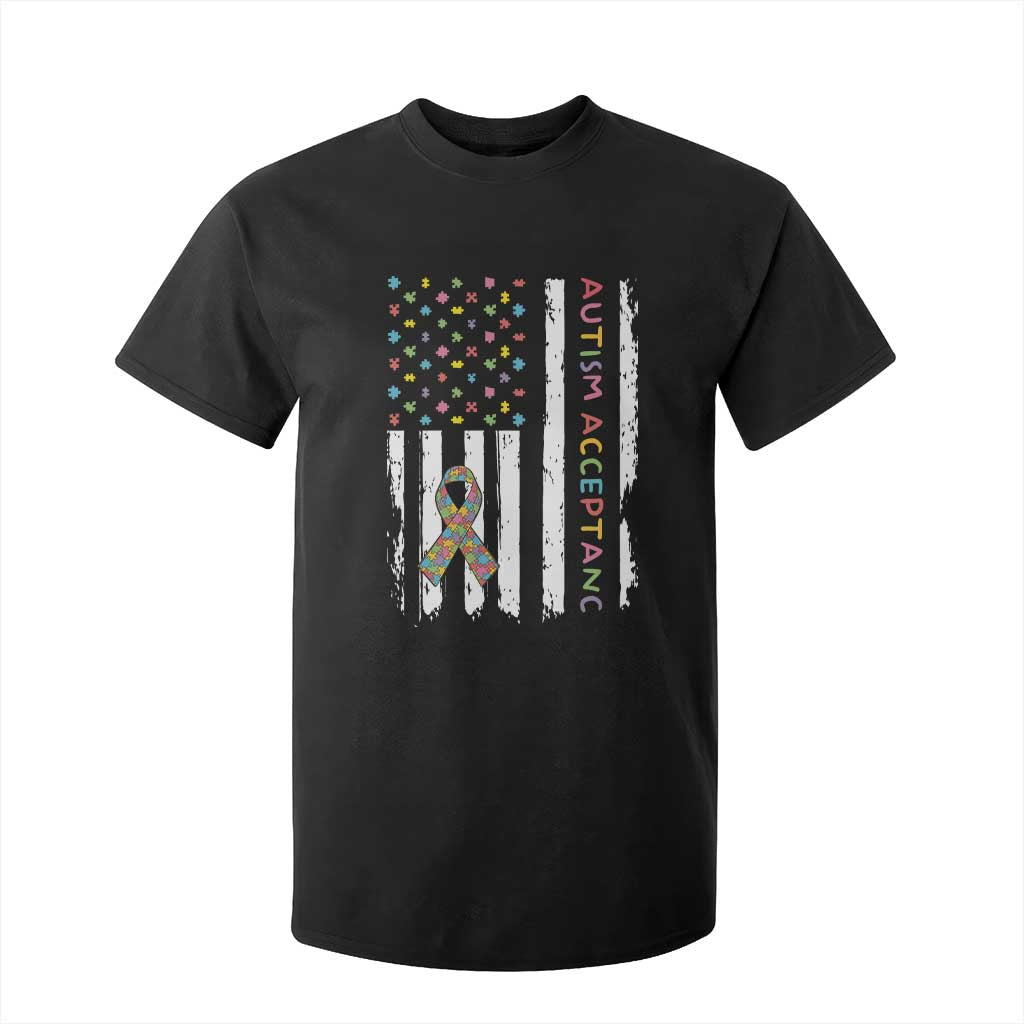 Autism Acceptance T Shirt For Kid American Flag Neurodivergent Support Ribbon Puzzle