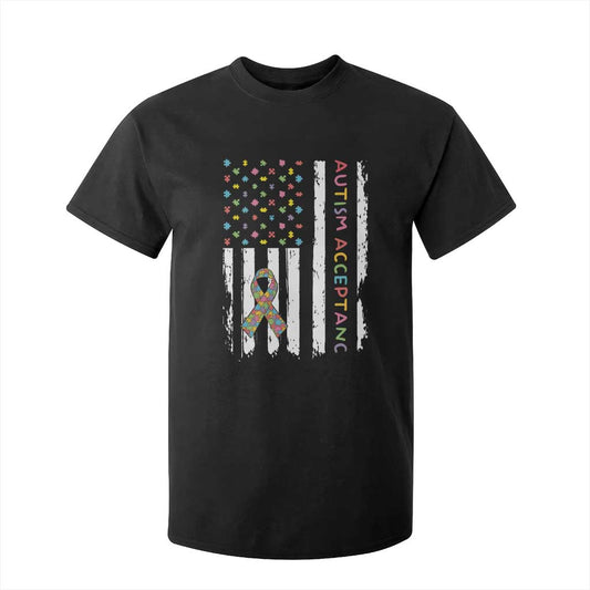 Autism Acceptance T Shirt For Kid American Flag Neurodivergent Support Ribbon Puzzle