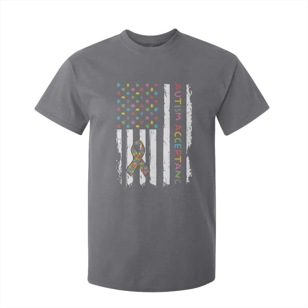 Autism Acceptance T Shirt For Kid American Flag Neurodivergent Support Ribbon Puzzle