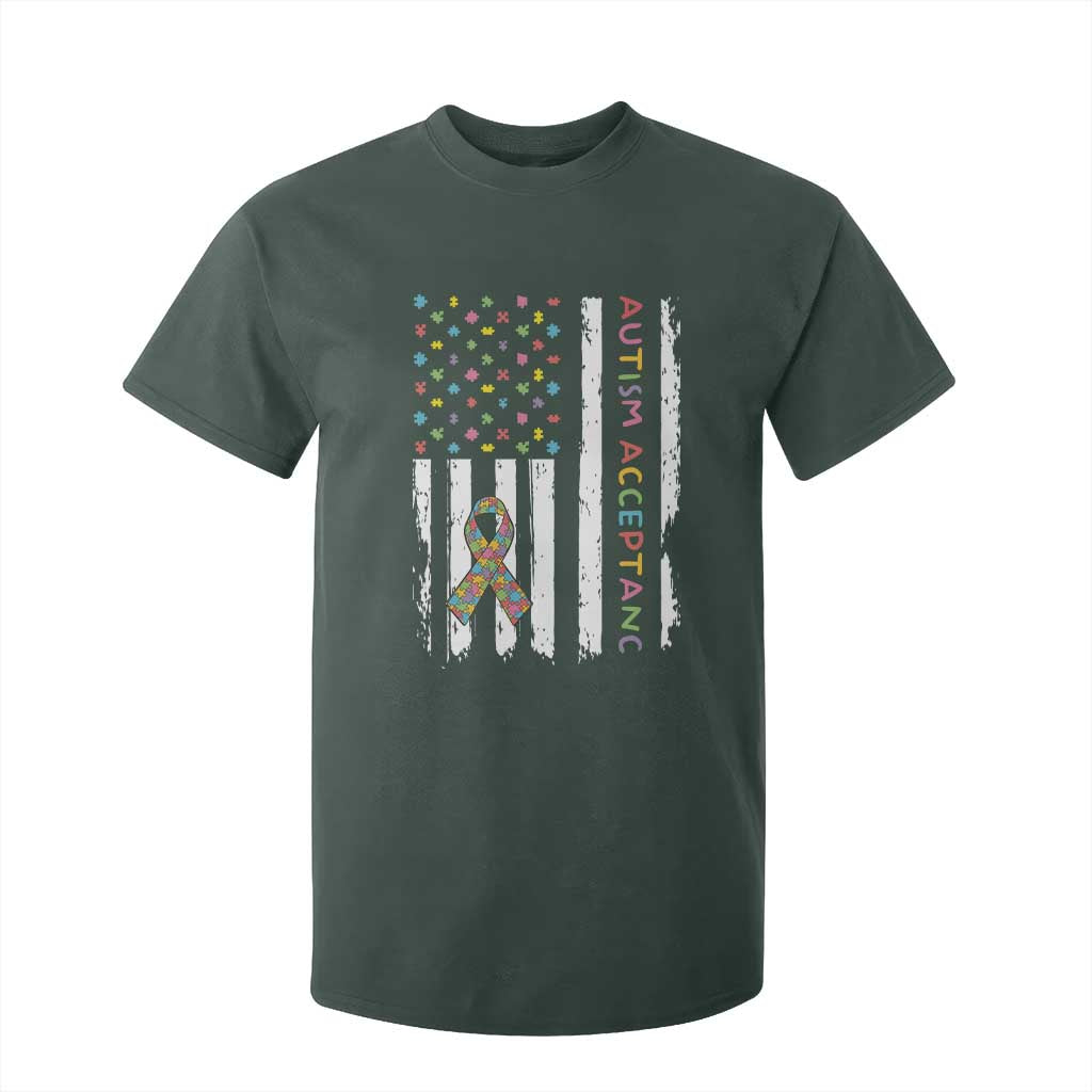 Autism Acceptance T Shirt For Kid American Flag Neurodivergent Support Ribbon Puzzle