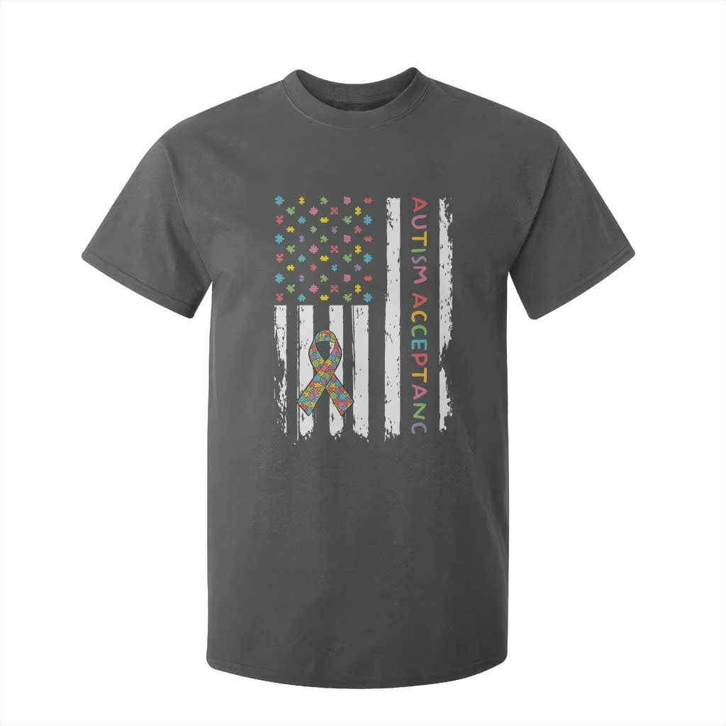 Autism Acceptance T Shirt For Kid American Flag Neurodivergent Support Ribbon Puzzle