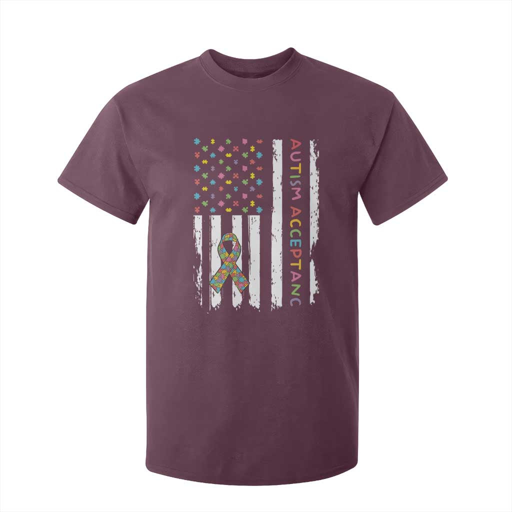 Autism Acceptance T Shirt For Kid American Flag Neurodivergent Support Ribbon Puzzle