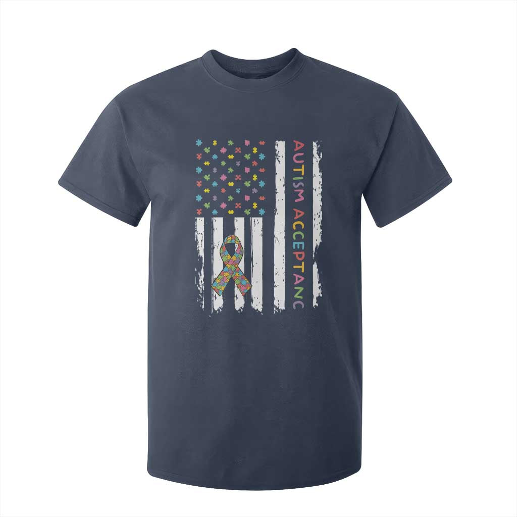 Autism Acceptance T Shirt For Kid American Flag Neurodivergent Support Ribbon Puzzle