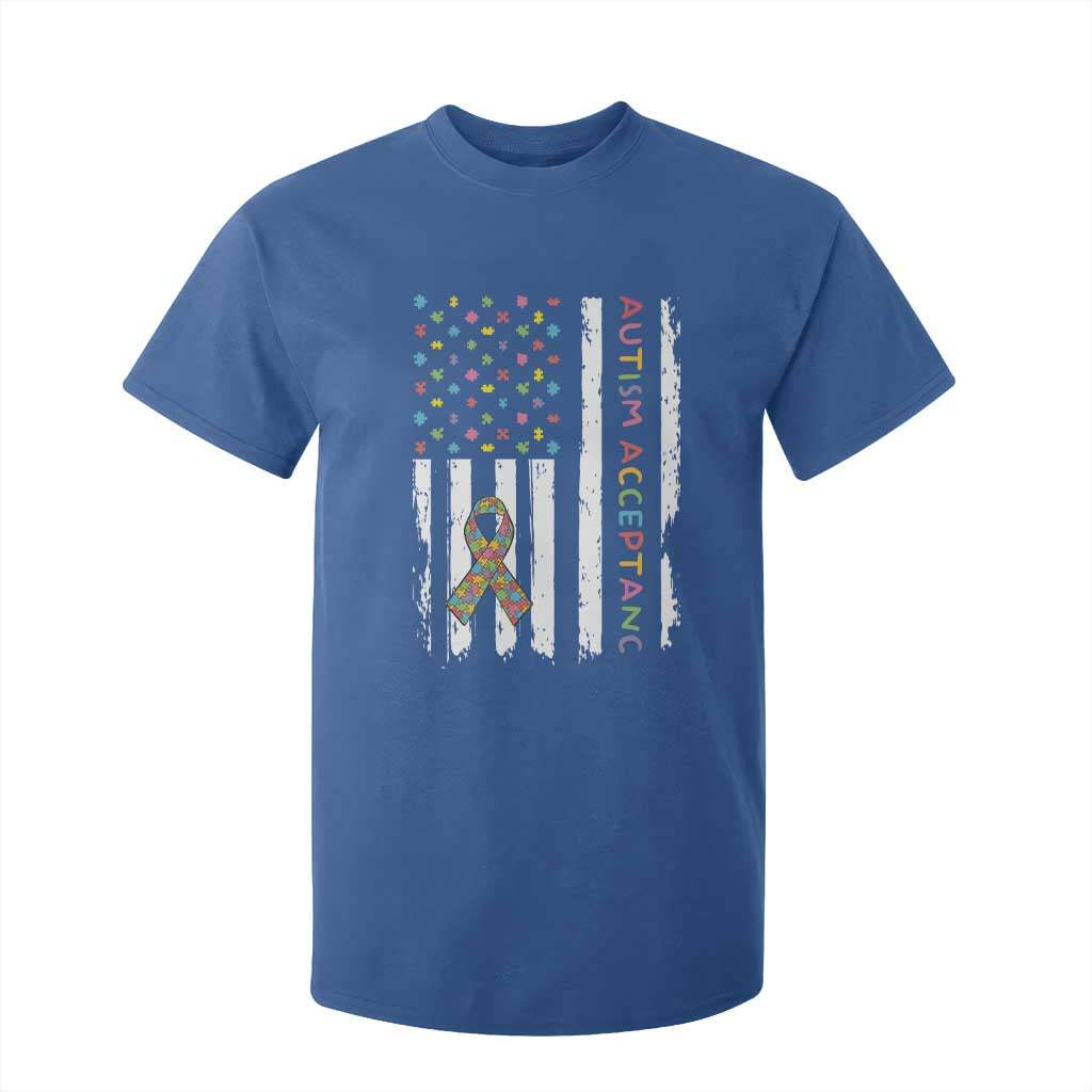Autism Acceptance T Shirt For Kid American Flag Neurodivergent Support Ribbon Puzzle
