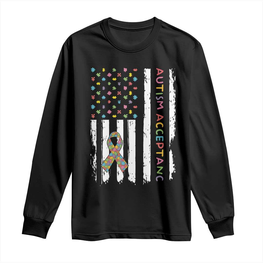 Autism Acceptance Long Sleeve Shirt American Flag Neurodivergent Support Ribbon Puzzle