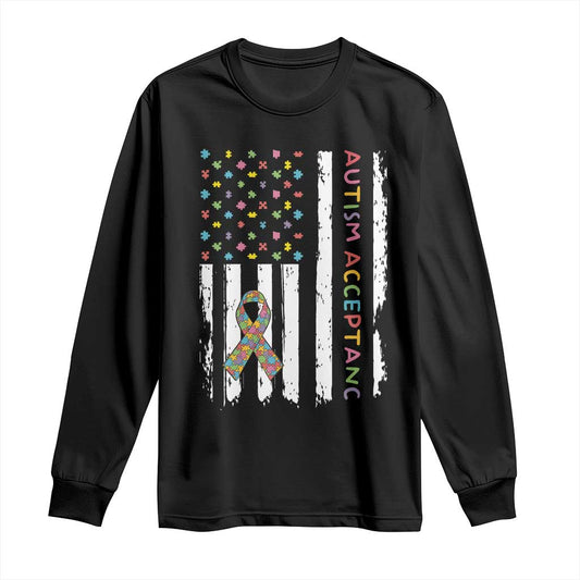 Autism Acceptance Long Sleeve Shirt American Flag Neurodivergent Support Ribbon Puzzle