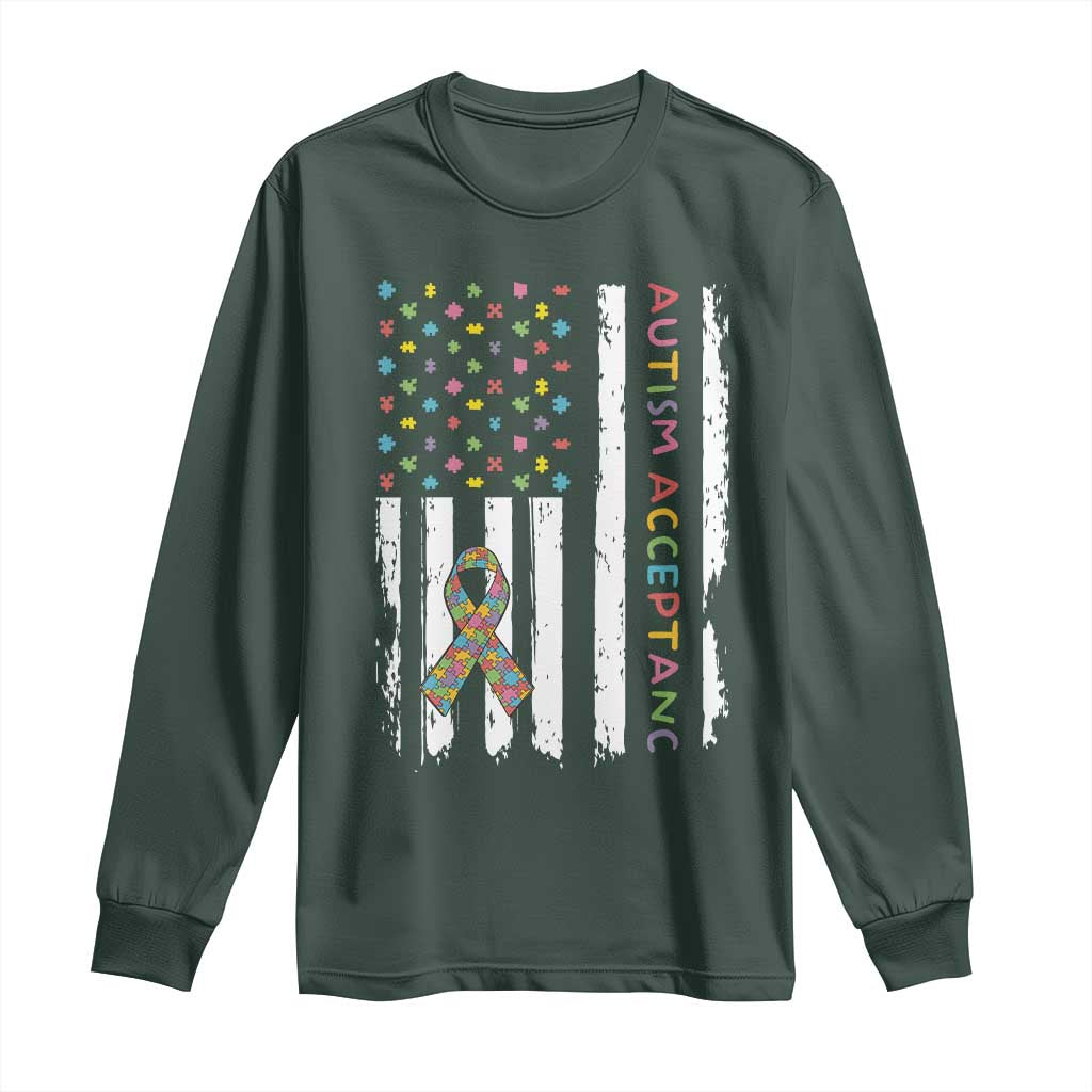 Autism Acceptance Long Sleeve Shirt American Flag Neurodivergent Support Ribbon Puzzle