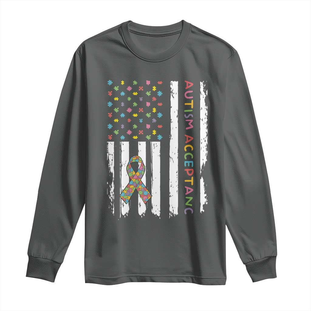 Autism Acceptance Long Sleeve Shirt American Flag Neurodivergent Support Ribbon Puzzle