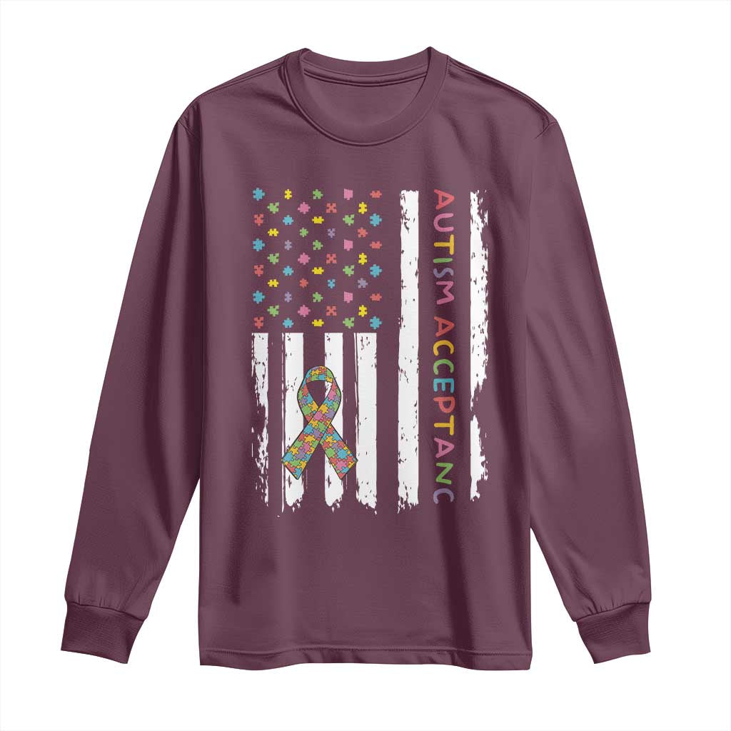 Autism Acceptance Long Sleeve Shirt American Flag Neurodivergent Support Ribbon Puzzle