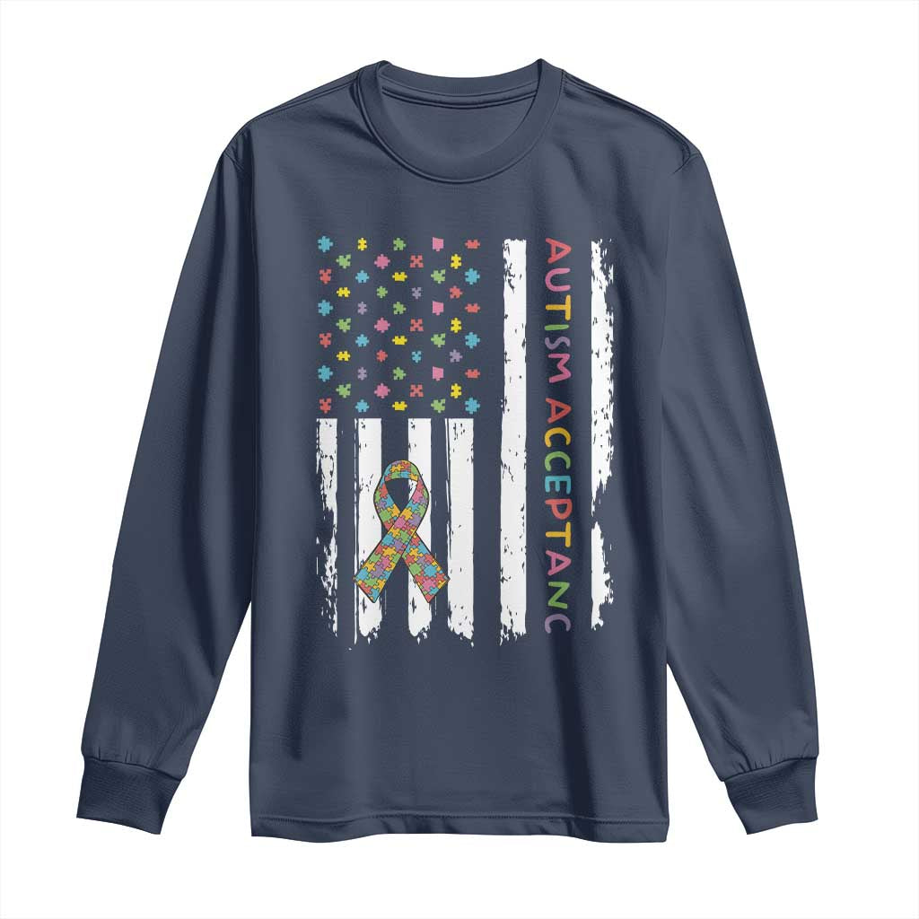 Autism Acceptance Long Sleeve Shirt American Flag Neurodivergent Support Ribbon Puzzle