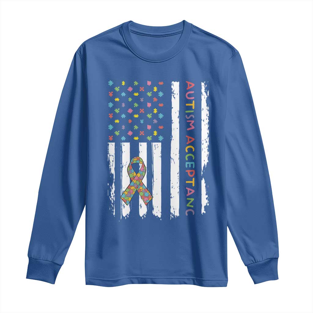 Autism Acceptance Long Sleeve Shirt American Flag Neurodivergent Support Ribbon Puzzle