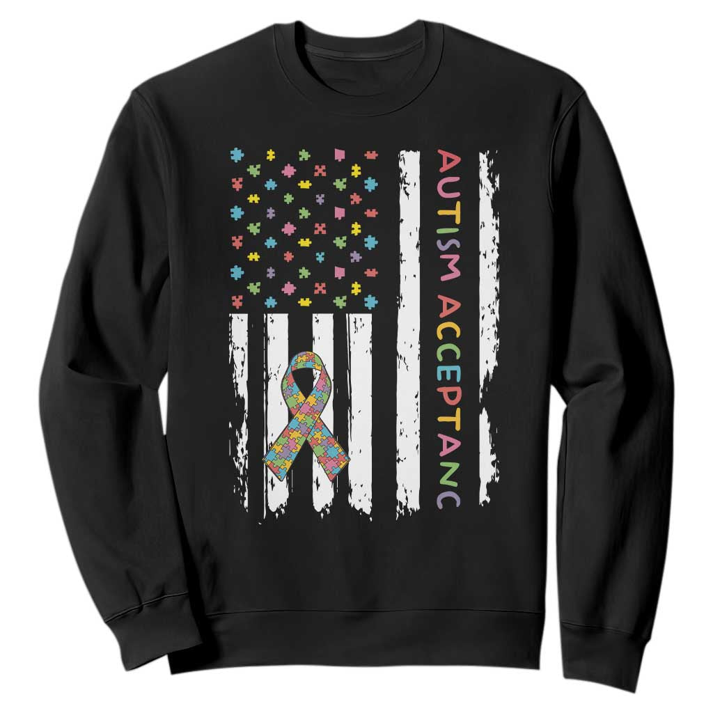 Autism Acceptance Sweatshirt American Flag Neurodivergent Support Ribbon Puzzle