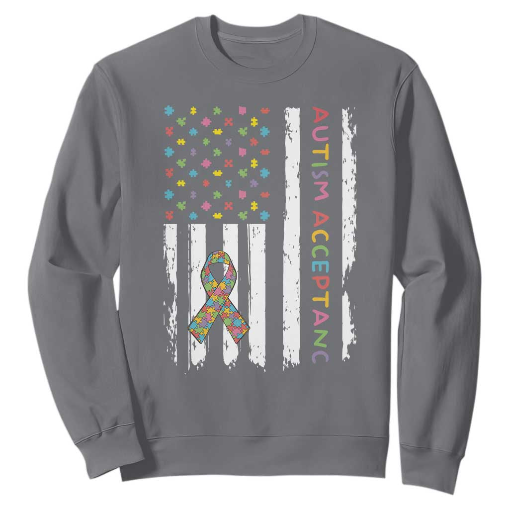 Autism Acceptance Sweatshirt American Flag Neurodivergent Support Ribbon Puzzle