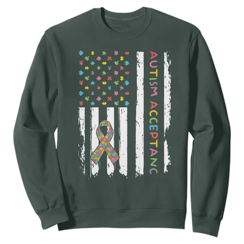 Autism Acceptance Sweatshirt American Flag Neurodivergent Support Ribbon Puzzle