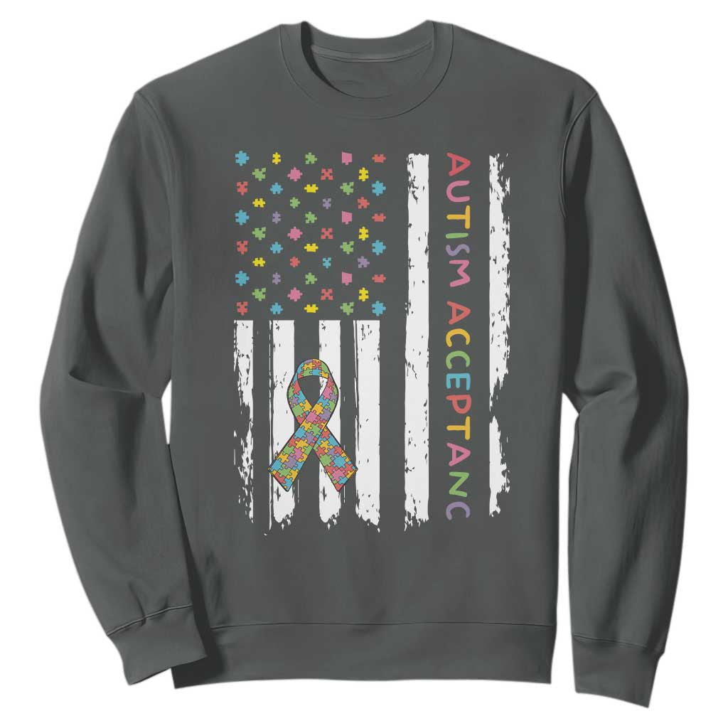 Autism Acceptance Sweatshirt American Flag Neurodivergent Support Ribbon Puzzle