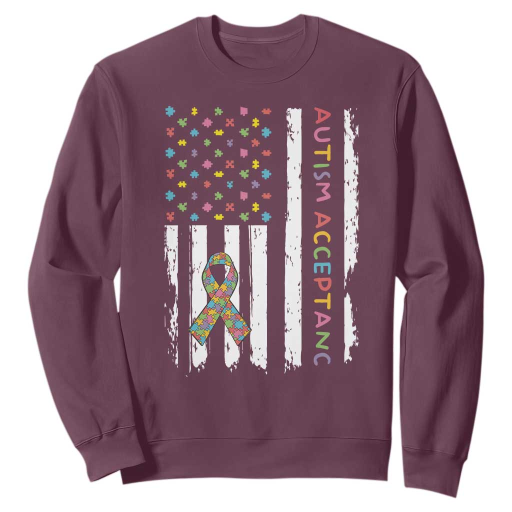 Autism Acceptance Sweatshirt American Flag Neurodivergent Support Ribbon Puzzle