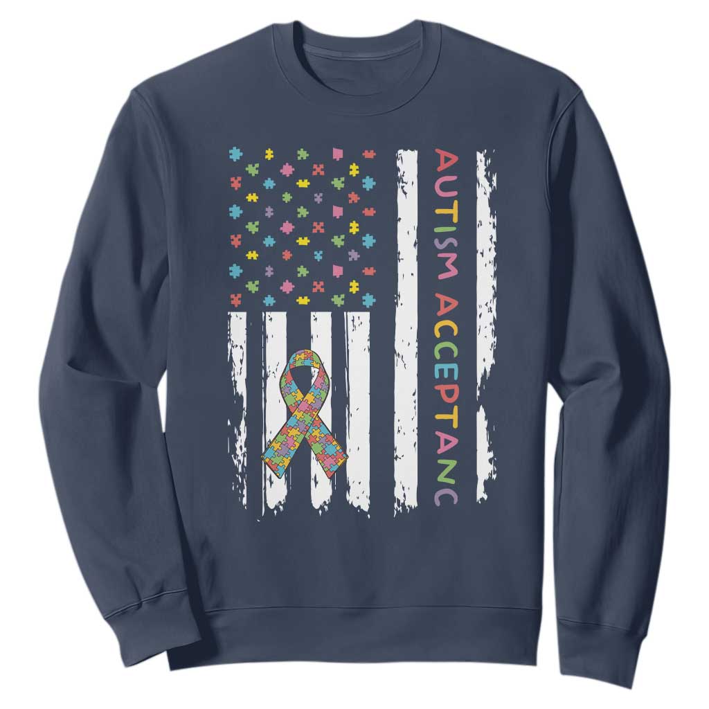 Autism Acceptance Sweatshirt American Flag Neurodivergent Support Ribbon Puzzle