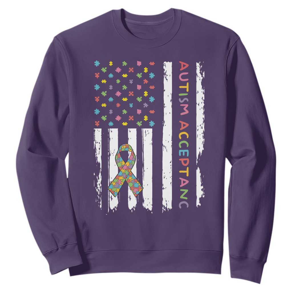 Autism Acceptance Sweatshirt American Flag Neurodivergent Support Ribbon Puzzle