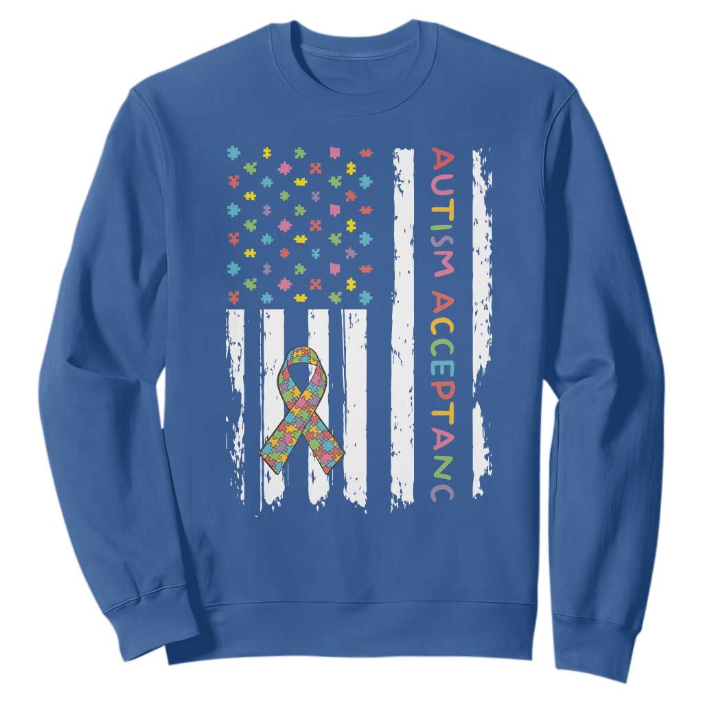 Autism Acceptance Sweatshirt American Flag Neurodivergent Support Ribbon Puzzle