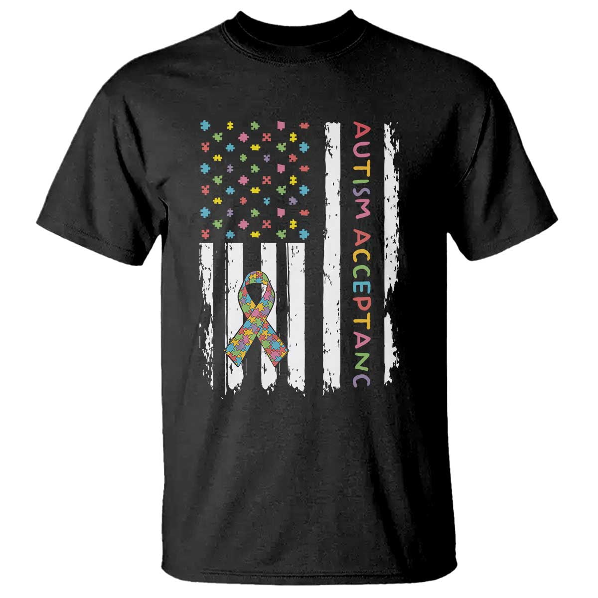 Autism Acceptance T Shirt American Flag Neurodivergent Support Ribbon Puzzle