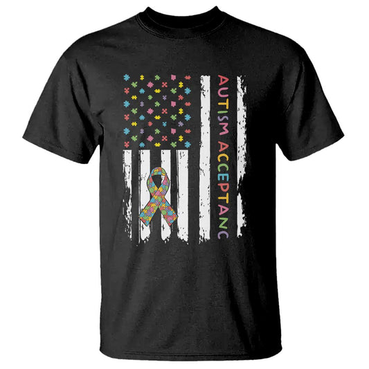 Autism Acceptance T Shirt American Flag Neurodivergent Support Ribbon Puzzle