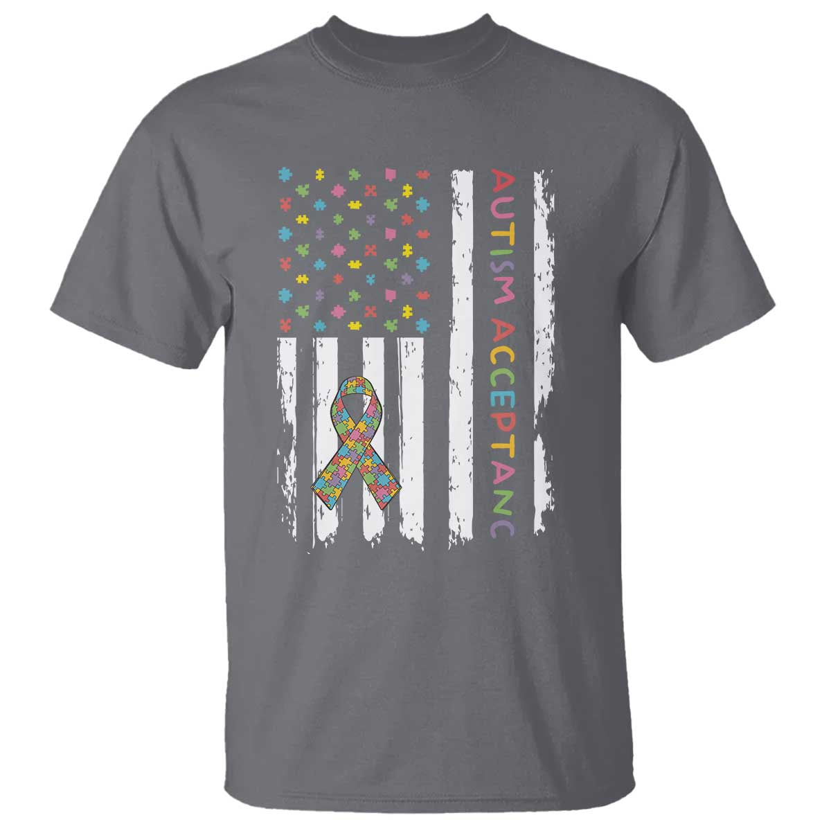 Autism Acceptance T Shirt American Flag Neurodivergent Support Ribbon Puzzle