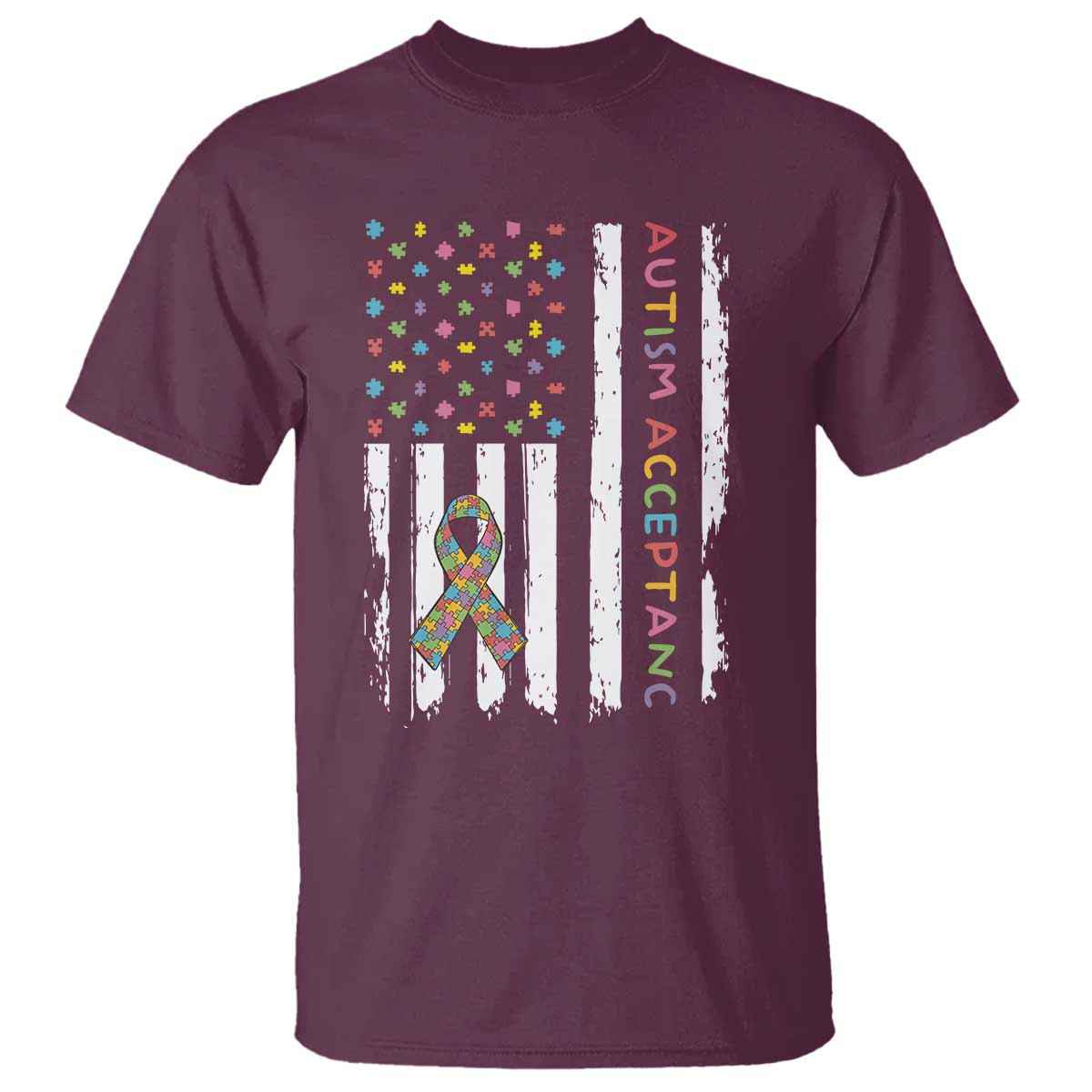 Autism Acceptance T Shirt American Flag Neurodivergent Support Ribbon Puzzle