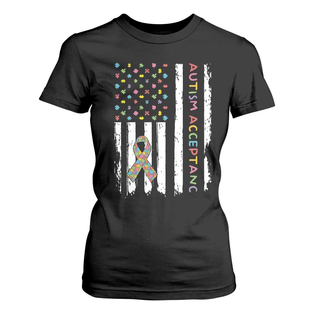 Autism Acceptance T Shirt For Women American Flag Neurodivergent Support Ribbon Puzzle
